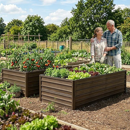 Galvanized Raised Garden Beds, 8x4x2FT Outdoor Planter Boxes with Safety Edging and Gloves, Rustic Country Style Metal Garden Bed Kit for Vegetables Flower and Fruits (Brown Wood Grain