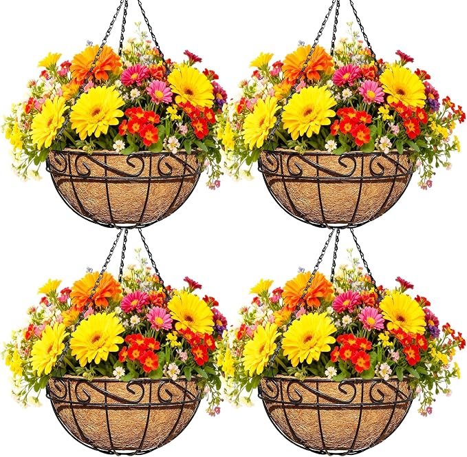 4 Pack 12 Inch Black Metal Hanging Basket Hanging Planter with Coco Coir Liner Heavy Duty Hanging Flower Pot Holder for Indoor Outdoor Patio Garden Porch Balcony Decor (Lace)