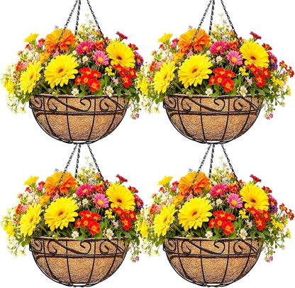 4 Pack 12 Inch Black Metal Hanging Basket Hanging Planter with Coco Coir Liner Heavy Duty Hanging Flower Pot Holder for Indoor Outdoor Patio Garden Porch Balcony Decor (Lace)