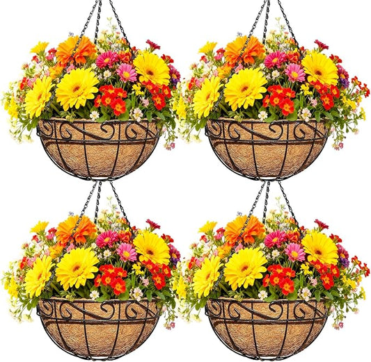 4 Pack 12 Inch Black Metal Hanging Basket Hanging Planter with Coco Coir Liner Heavy Duty Hanging Flower Pot Holder for Indoor Outdoor Patio Garden Porch Balcony Decor (Lace)