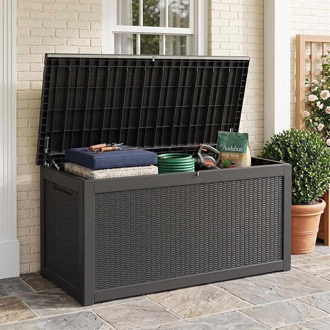 Outdoor Storage Box, 320 Gallon Waterproof Deck Box [Upgraded 3.1], Giant Resin Storage for King Cushions, Lockable Bench Chest, Estate Yard Garden BBQ Gathering, Black