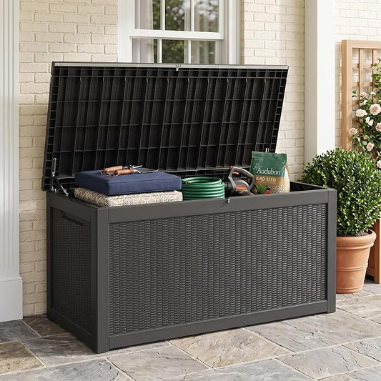 Outdoor Storage Box, 320 Gallon Waterproof Deck Box [Upgraded 3.1], Giant Resin Storage for King Cushions, Lockable Bench Chest, Estate Yard Garden BBQ Gathering, Black