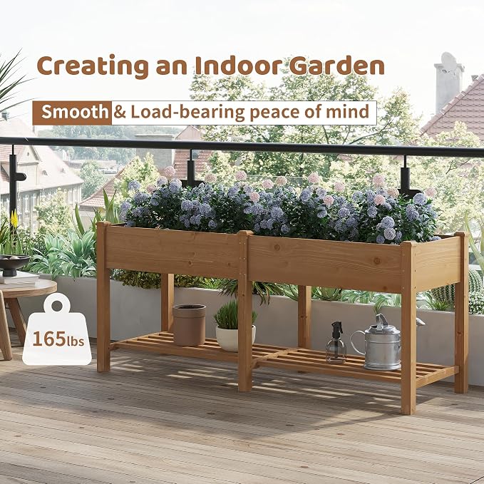 Raised Garden Bed with Legs Elevated Wooden Planter Box Stand Large Planter Stand Box for Fruits Vegetables Flowers with Divider with Bag- 72 * 24 * 30.5IN（Brown）