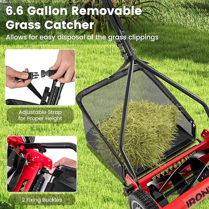 IRONMAX Lawn Mower, 14 Inch Push Reel Lawn Mower with 5 Steel Blades, Adjustable Cutting Heights, Grass Catcher Bag, Walk-Behind Manual Lawnmower for Garden Park Yard, No Motor (Red, 14 Inch)