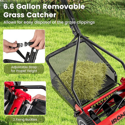 IRONMAX Lawn Mower, 14 Inch Push Reel Lawn Mower with 5 Steel Blades, Adjustable Cutting Heights, Grass Catcher Bag, Walk-Behind Manual Lawnmower for Garden Park Yard, No Motor (Red, 14 Inch)