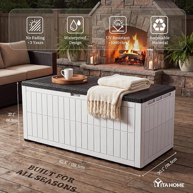YITAHOME XXL 240 Gallon Extra Large Deck Box | Waterproof Resin Outdoor Storage Box w/Lock and 3-Person Bench Seating for Patio Furniture Cushions,Garden Tools & Pool