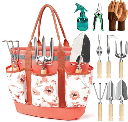 10 Pcs Heavy Duty Garden Hand Tools with Durable Garden Tools Handbag, Rust-Proof Garden Tool Set, Ideal Gardening Gifts for Women (Pink)