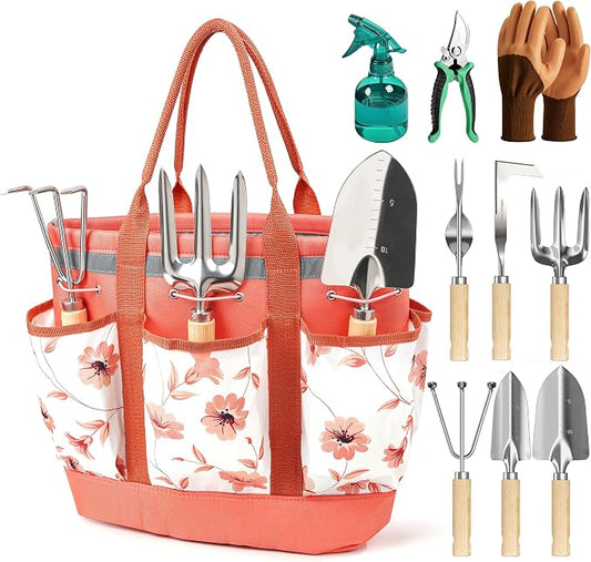 10 Pcs Heavy Duty Garden Hand Tools with Durable Garden Tools Handbag, Rust-Proof Garden Tool Set, Ideal Gardening Gifts for Women (Pink)