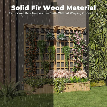 Two-Tier Wooden Planter Box with Trellis, Elevated Raised Garden Bed for Flowers and Vegetables, 1.4 Ft Deep Pot with Roof & Drainage