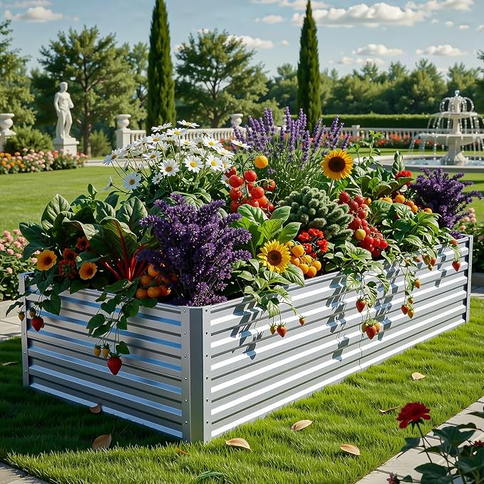 YITAHOME 6x3x2 ft Galvanized Raised Garden Bed Kit, Large Metal Planter Box with Gloves & Support Rod, Outdoor Flower Bed for Plants Vegetables, Silver Gray