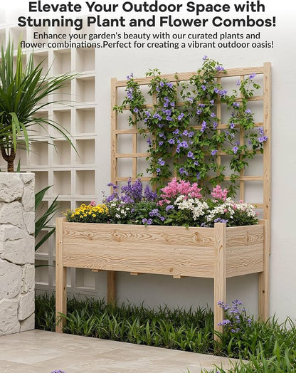 Jojoka Wooden High-Legged Raised Garden Bed with Climbing Trellis, Elevated Planter Box for Vegetables, Herbs, Flowers, Patio, Backyard