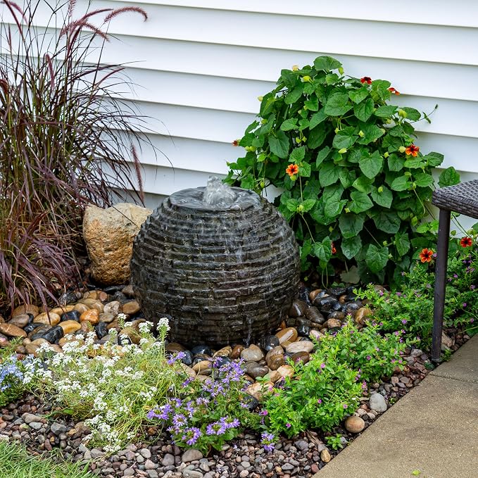 Aquascape Stacked Slate Sphere Water Fountain and Installation Kit for Yard, Landscape, and Garden, Small, 78249