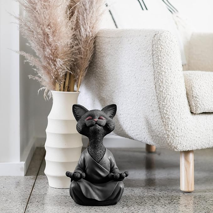 JFSM INC. 12" Whimsical Happy Cat Garden Buddha Statue - Indoor Outdoor Resin Cat Statue - Meditating Animal Sculpture, Mindful Yoga Decor for Patio Yard Lawn Porch