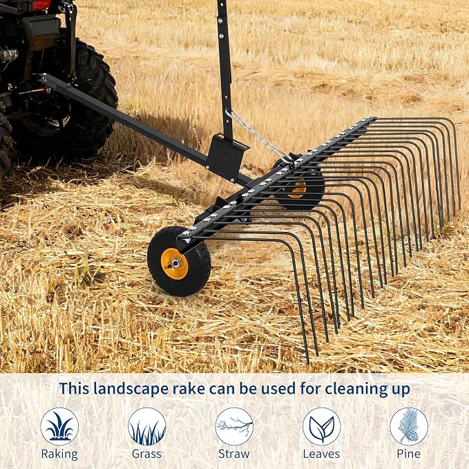 60-Inch Tow-Behind Landscape Rake, Heavy-Duty Steel Dethatcher & Pine Straw Rake for ATV, UTV, and Garden Tractors