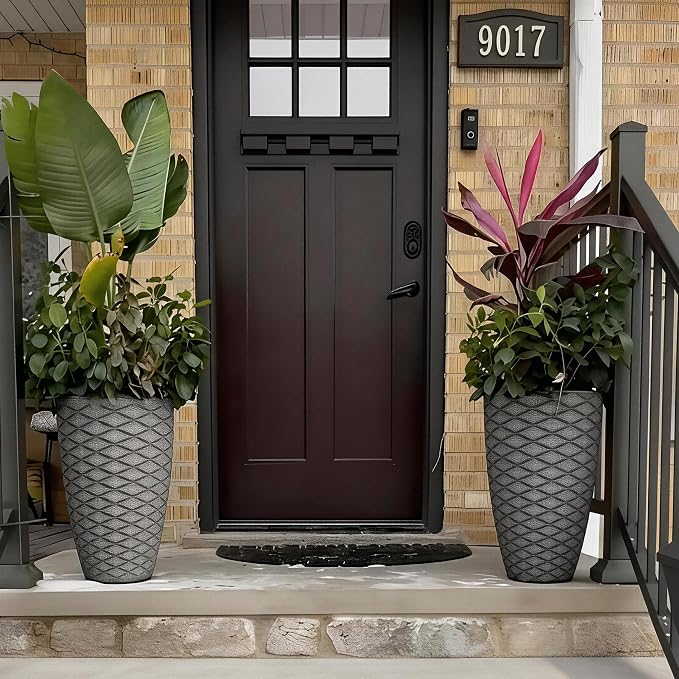 2-Pack 19" Rustic Black Resin Tall Planters with Wave Texture | Set of 2 resin tall planters with rustic black wave texture, drainage plugs, and UV-resistant finish for porch or patio