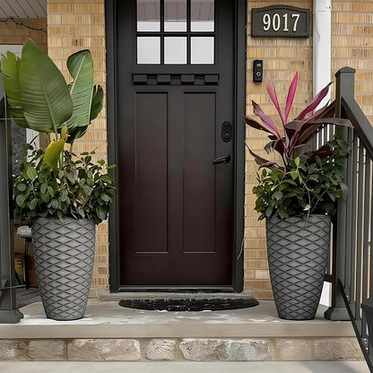 2-Pack 19" Rustic Black Resin Tall Planters with Wave Texture | Set of 2 resin tall planters with rustic black wave texture, drainage plugs, and UV-resistant finish for porch or patio
