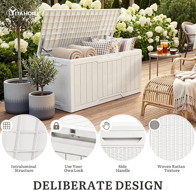 YITAHOME 100 Gallon Large Outdoor Deck Box | Waterproof Resin Storage Box, Lockable Indoor Outdoor Storage Container for Patio Furniture Cushions, Pool Accessories