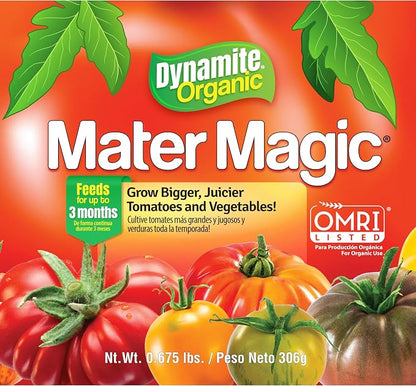 Dynamite Mater Magic - Organic Tomato Fertilizer for Bigger, Juicier Tomatoes and Vegetables, OMRI Listed, Nitrogen and Calcium-Rich Plant Food - .675 Pound Container with Shaker Lid
