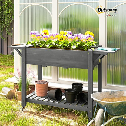 Outsunny Raised Garden Bed, 57 x 20.5 x 34 in Wood Elevated Planter Box with Lockable Wheels, Side Tables and Bottom Shelf, Outdoor Raised Planter with Bed Liner and Drainage Holes, Gray