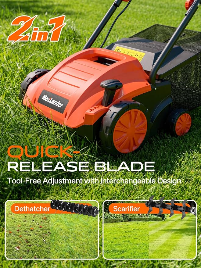 MAXLANDER 13 Inch Electric Dethatcher and Scarifier, 12 Amp Lawn Dethatcher with 4-Position Depth Adjustment, 30L Thatch Bag, 2-in-1 Walk Behind for Lawn Garden Care Removing Thatch
