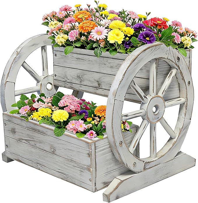 NestNature Wooden Wagon Planter Box|Raised Garden Bed W/Wheels for Plants | 2 Tier Classic Rustic Flower Pot Use Indoor&Outdoor Decor On Patio,Porch,Garden-Outdoor Planter For Flowers,Herbs,Vegetables