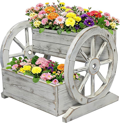 NestNature Wooden Wagon Planter Box|Raised Garden Bed W/Wheels for Plants | 2 Tier Classic Rustic Flower Pot Use Indoor&Outdoor Decor On Patio,Porch,Garden-Outdoor Planter For Flowers,Herbs,Vegetables