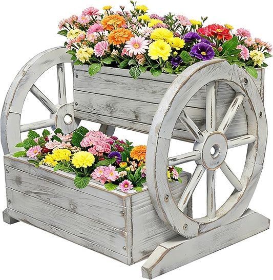 NestNature Wooden Wagon Planter Box|Raised Garden Bed W/Wheels for Plants | 2 Tier Classic Rustic Flower Pot Use Indoor&Outdoor Decor On Patio,Porch,Garden-Outdoor Planter For Flowers,Herbs,Vegetables