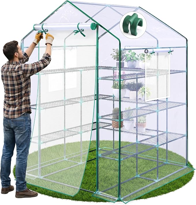 KING BIRD Premium Greenhouse for Outdoors, 56x56x78 in Walk-in Hot House with Thickened Cover, Reinforced Frame, Screen Windows & Mesh Door, 4 Tiers 12 Shelves for Outside Garden Seedlings, Clear