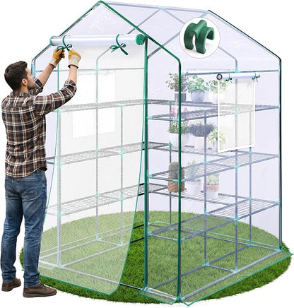 KING BIRD Premium Greenhouse for Outdoors, 56x56x78 in Walk-in Hot House with Thickened Cover, Reinforced Frame, Screen Windows & Mesh Door, 4 Tiers 12 Shelves for Outside Garden Seedlings, Clear