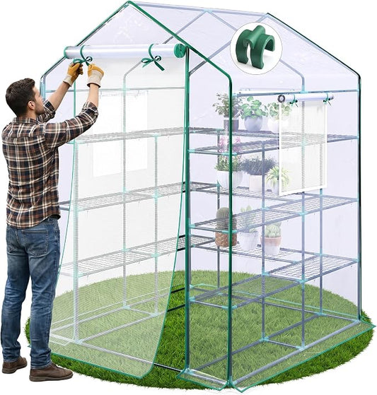 KING BIRD Premium Greenhouse for Outdoors, 56x56x78 in Walk-in Hot House with Thickened Cover, Reinforced Frame, Screen Windows & Mesh Door, 4 Tiers 12 Shelves for Outside Garden Seedlings, Clear