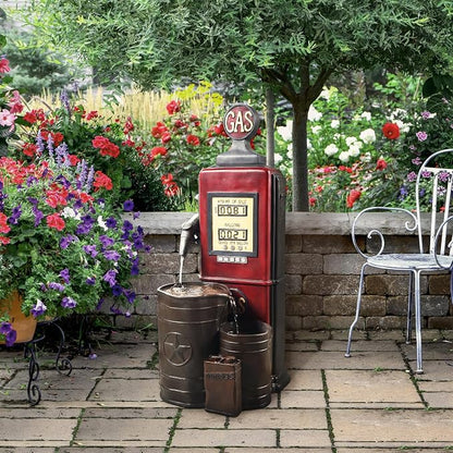 Peaktop Teamson Home Vintage Gas Station Statue 3 Tiered Floor Waterfall Fountain with Pump for Outdoor Patio Garden Backyard Decking, 42 Inch Height, Dark Red | Statue Design, 42 Inch Height, Includes Pump, For Outdoor Patio Garden Backyard Decking