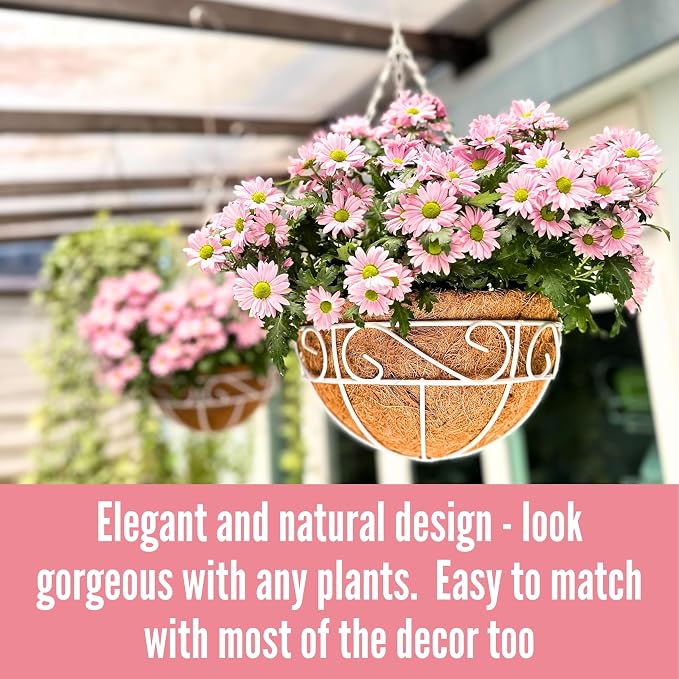 LaLaGreen Hanging Planter for Outdoor Plants (18 Inch, 4 Pack) Large White Hanging Planter with Coco Liner, Wire Flower Basket Pots with Hook Hanger Balcony Porch Farmhouse Country Style Garden Decor