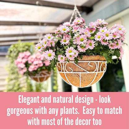 LaLaGreen Hanging Planter for Outdoor Plants (2 Pack, 10 Inch) White Hanging Baskets with Coco Liner, Metal Wire Flower Basket Pots with Hook Hanger Balcony Porch Farmhouse Country Style Garden Decor