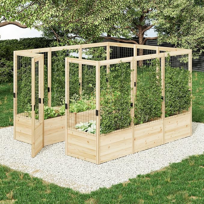 AMERLIFE Raised Garden Bed with 19" Depth Planter Box, Outdoor Wooden Raised Garden Bed Planter with Deer Proof Fence, 7.5Wx9Dx6H, for Vegetables, Flowers and Herbs