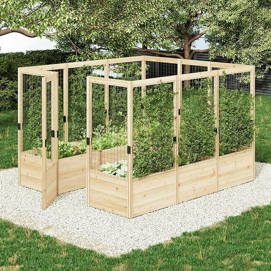 AMERLIFE Raised Garden Bed with 19" Depth Planter Box, Outdoor Wooden Raised Garden Bed Planter with Deer Proof Fence, 7.5Wx9Dx6H, for Vegetables, Flowers and Herbs