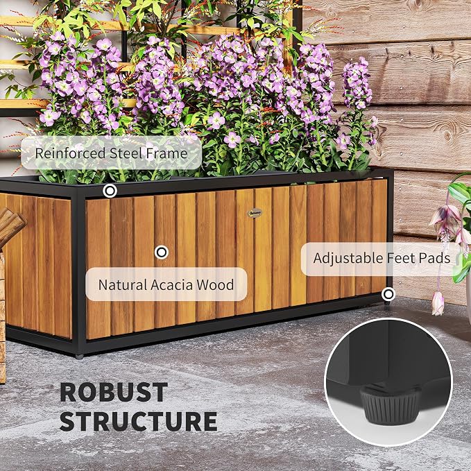 Outsunny Wooden Raised Garden Bed with Trellis, Removable Pots, Drainage Holes for Climbing Vines, Vegetables, Flowers, Raised Planter Box for Backyard, Patio, Balcony, 29 x 11 x 52 in., Teak
