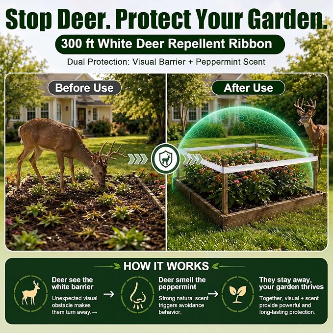 Deer Fence, Deer Tape and Deers Repellent for Plants, 300Ft Deers Ribbon with 100ml Natural Peppermint Spray Concentrate, Dual Action Visual & Scent Garden Barrier for Yard, Orchard, Vegetables