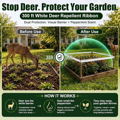 Deer Fence, Deer Tape and Deers Repellent for Plants, 300Ft Deers Ribbon with 100ml Natural Peppermint Spray Concentrate, Dual Action Visual & Scent Garden Barrier for Yard, Orchard, Vegetables