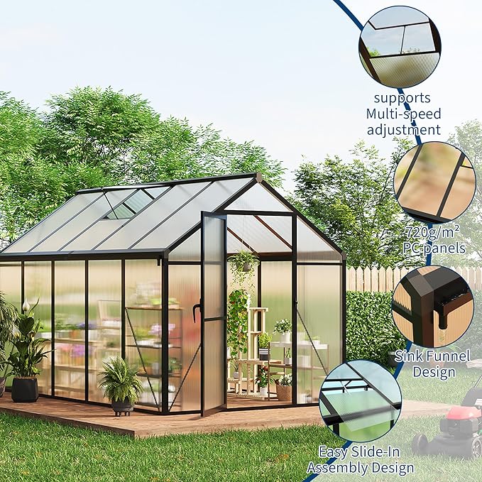6X10 Ft Polycarbonate Greenhouse Sunroom with Aluminum Frame, Outdoor Greenhouse for Vegetables Herbs Flowers, Lockable Door & Adjustable Roof Vent, Patio Backyard Greenhouse Kit for Gardening, Black