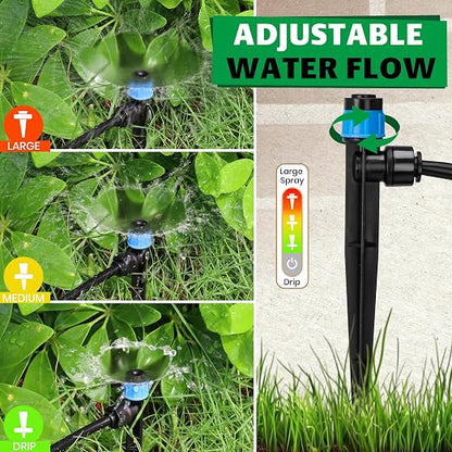 Bonviee 20-Pack 1/4-Inch Quick-Connect Adjustable Drip Emitters, Vortex | Push-to-connect stakes provide adjustable 360-degree watering for pots, lawns, vegetable beds, and garden layouts.