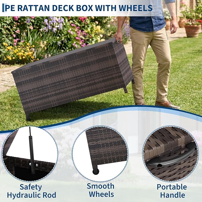 125 Gallon Outdoor Wicker Deck Box, All-Weather Waterproof Patio Storage with PE Rattan Finish & Steel Frame, for Cushions, Garden Tools, Pool Supplies, Lockable Brown Storage Box with Soft-Close Lid