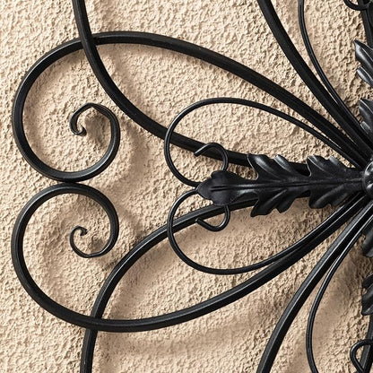 Glitzhome Black Metal Wall Art Decor, 20 Inch Iron Wall Decor with Heart and Petal Scroll Design, Indoor Outdoor Wall Accent for Garden Porch Patio