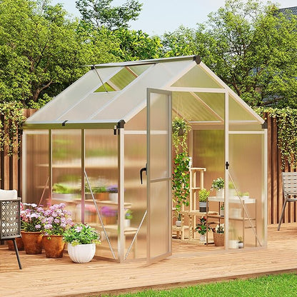 Greenhouse, 6x6 Ft Outdoor Greenhouses, Greenhouse Kit, Portablee Greenhouses with Ground Nails and Vent Windows, Sliding Lockable Door, Polycarbonate Green House for Outside Garden Backyard, White
