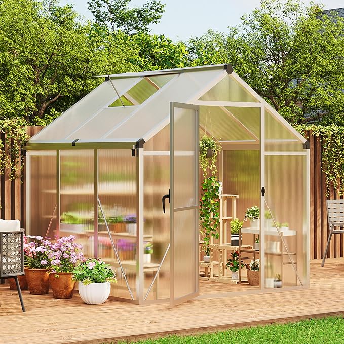 6X6 Ft Polycarbonate Greenhouse Sunroom with Aluminum Frame, Outdoor Greenhouse for Vegetables Herbs Flowers, Lockable Door & Adjustable Roof Vent, Patio Backyard Greenhouse Kit for Gardening, Silver
