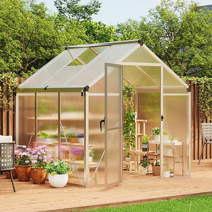 6X6 Ft Polycarbonate Greenhouse Sunroom with Aluminum Frame, Outdoor Greenhouse for Vegetables Herbs Flowers, Lockable Door & Adjustable Roof Vent, Patio Backyard Greenhouse Kit for Gardening, Silver