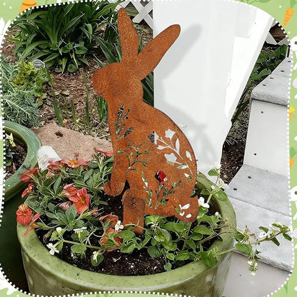 2 Pcs Easter Metal Rabbit Garden Stake Rusty Bunny Garden Decor Rustic Iron Rabbit Silhouette Decoration Art Flower Metal Cutout Sign Floor Standing Sculpture for Yard Decor Holiday Outdoor