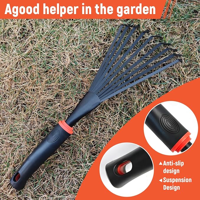 Small Hand Rake, Stainless Head and Tines, Gardening Hand Tool with Ergonomic Handle and Hanging Hole for Storage for Maintaining Raised Garden Beds