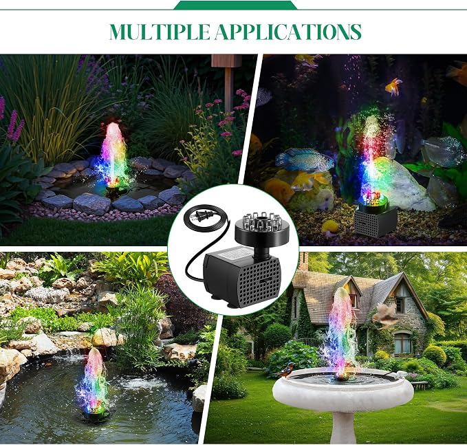 Bird Bath Fountains with 12 LED Lights, 24 Hour Working Fountain Pump with Light, Adjustable Watering Submersible Pump for Outdoor Water Garden, Pond (Colorful)