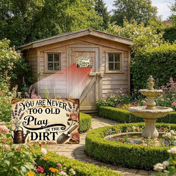 Funny Garden Metal Signs, Vintage Outdoor Wall Decor 8x12 Inch | Never Too Old to Play in The Dirt, Weatherproof Aluminum Sign for Patio Yard Greenhouse, Gift For Gardeners