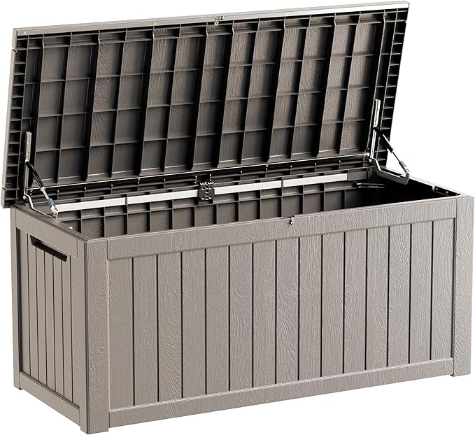 Outdoor Storage Box, 270 Gallon Waterproof Deck Box, Super-Sized Gas-Spring Resin Trunk for Large Seat Pillows, Heavy-Duty Lockable Backyard Storage Sofa, Garden Lawn, Grey